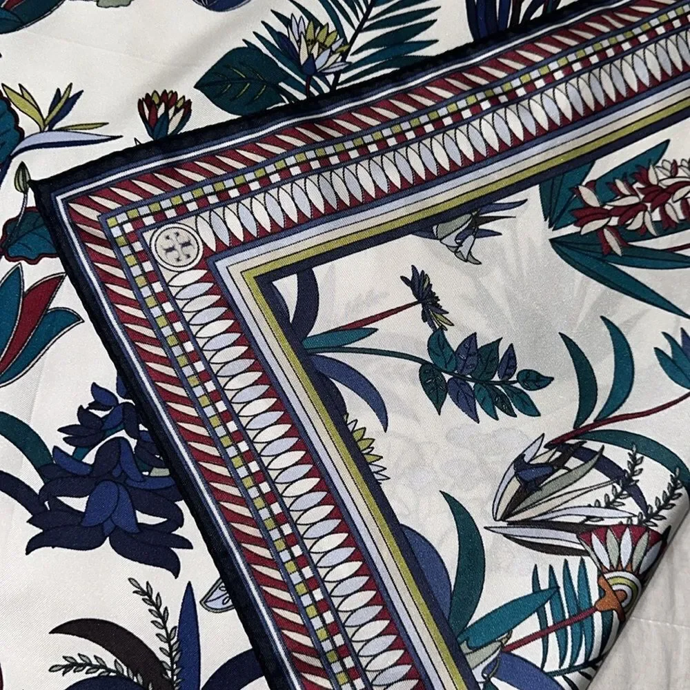 Tory Burch White Navy Green Teal Rust Burgundy Blue Floral Square Scarf